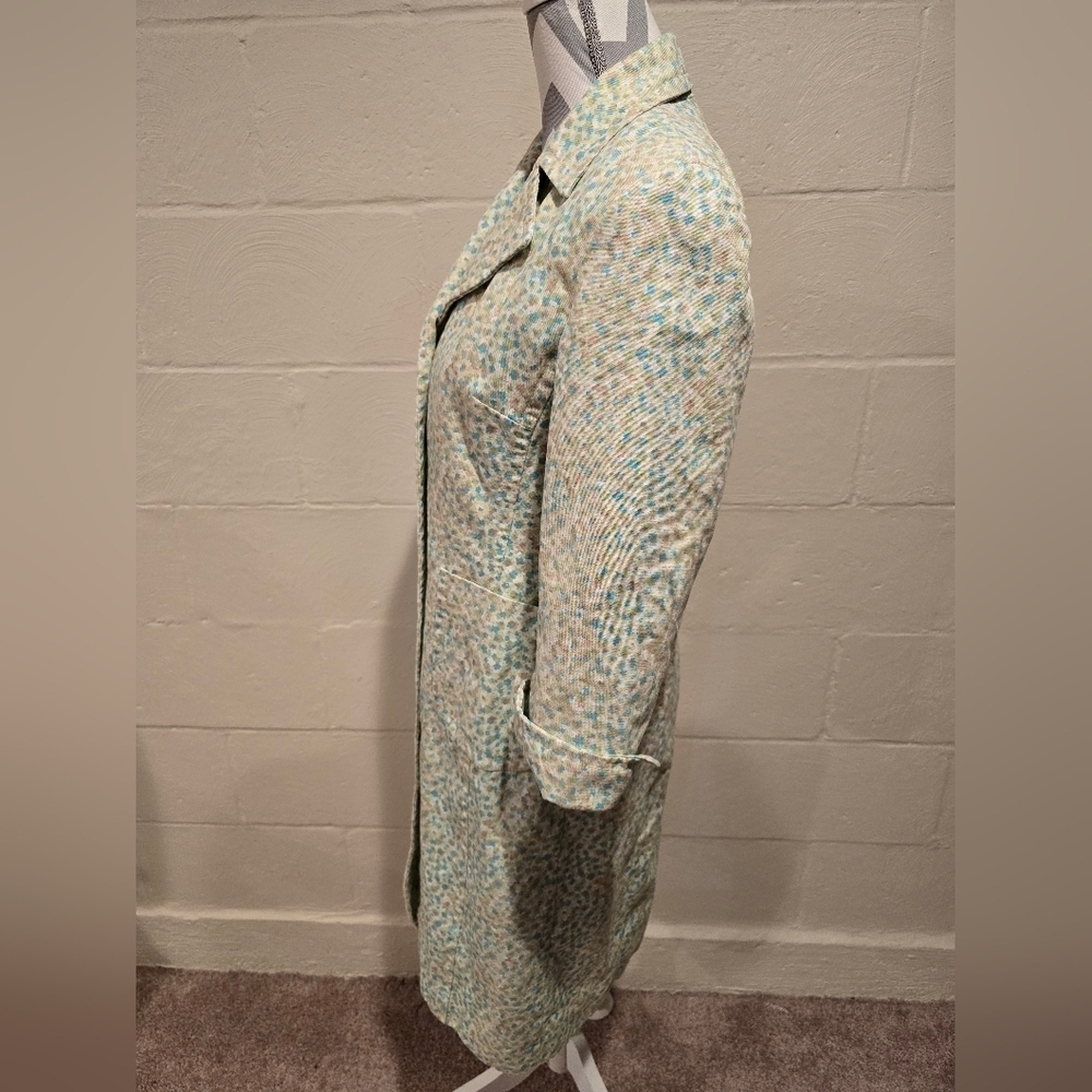 VINTAGE Express Floral Trench Lime Green/Blue Notched Collar 3/4 Sleeve Pockets. - Picture 5 of 16